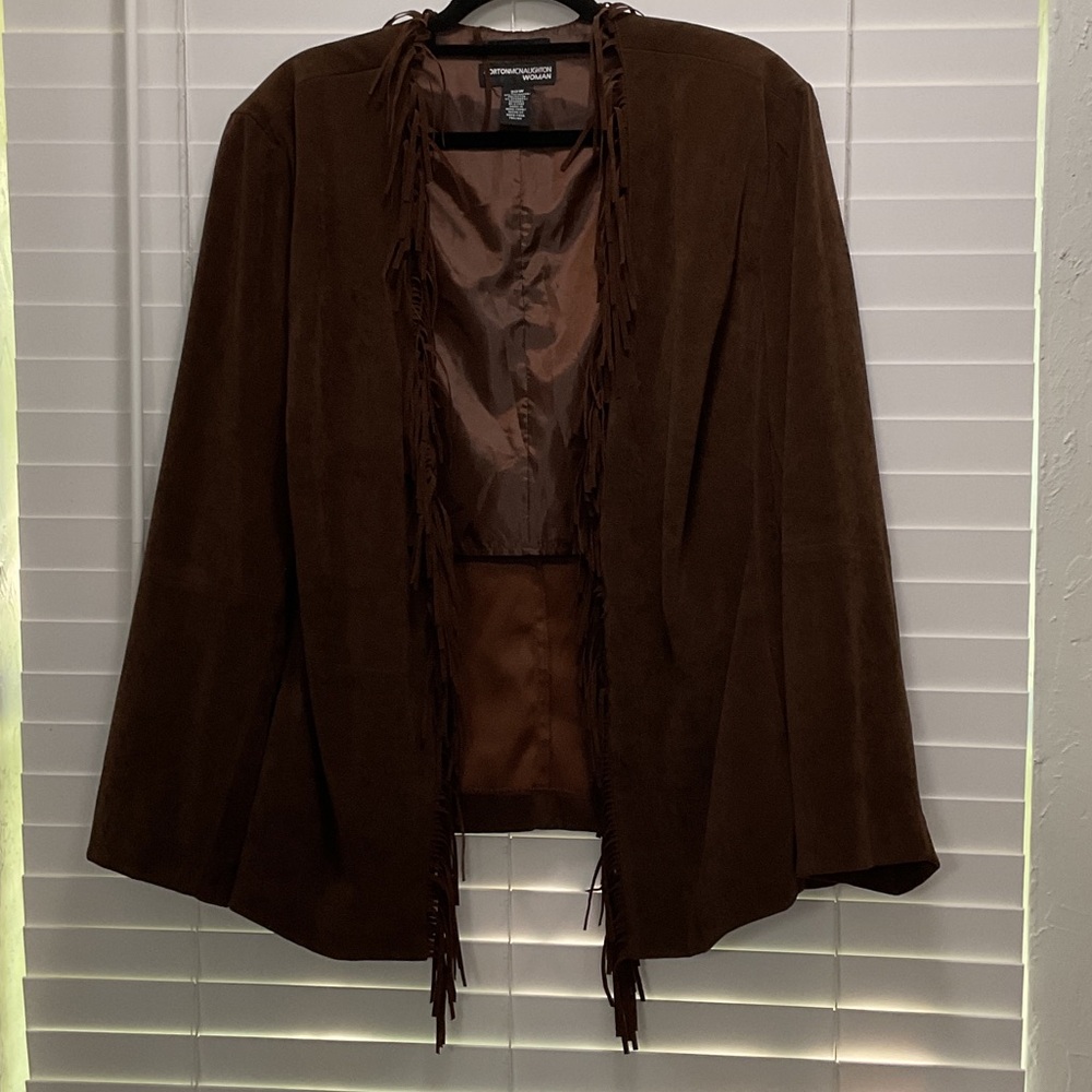Norton McNaughton Dark Brown Faux Suede Fringe Open Blazer; Western Chic